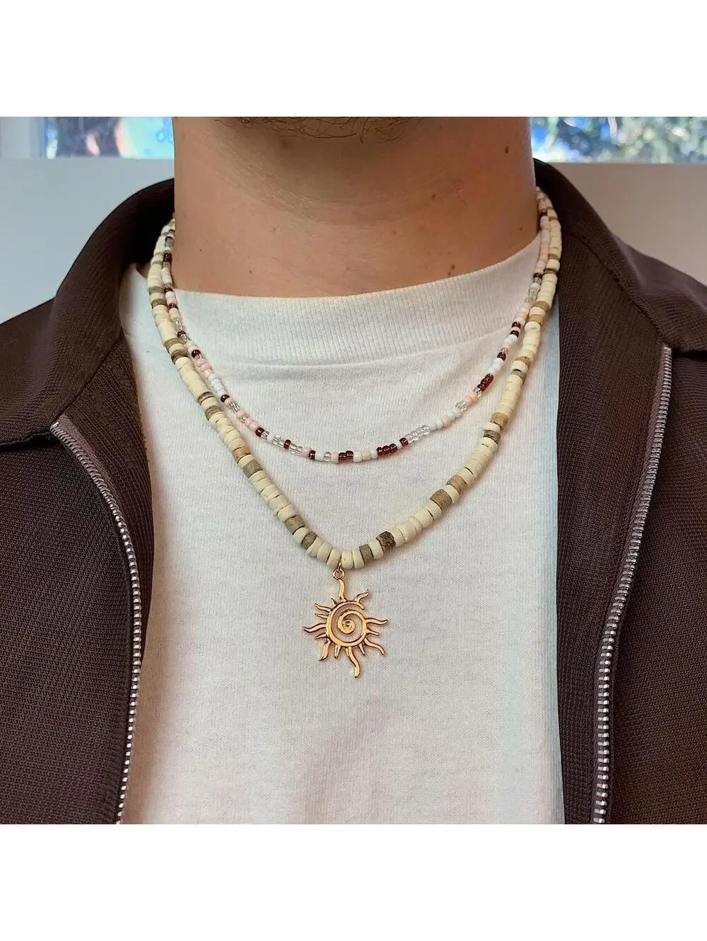 Y2k 2000s style Wood Beaded double layer Necklace with Cyber Star Sun Pendant. I